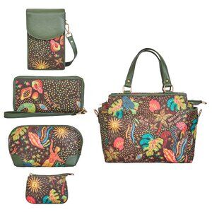 5-Pc Women’s Combo Set–Printed Fabric Satchel, Phone Wallet, Wristlet & Pouches
